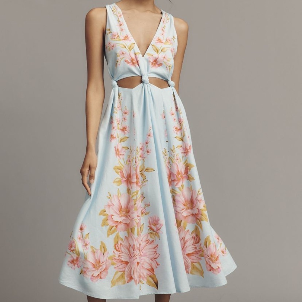 New FARM Rio x Anthropologie Linen Blend V Neck Cutout Midi Dress Blue Floral